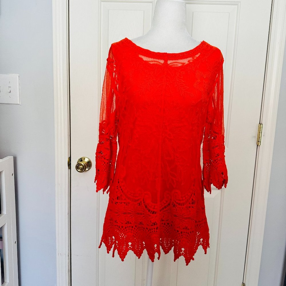 ULTRA PINK LACE EMBROIDERED MESH FLORAL ORANGE TUNIC BLOUSE